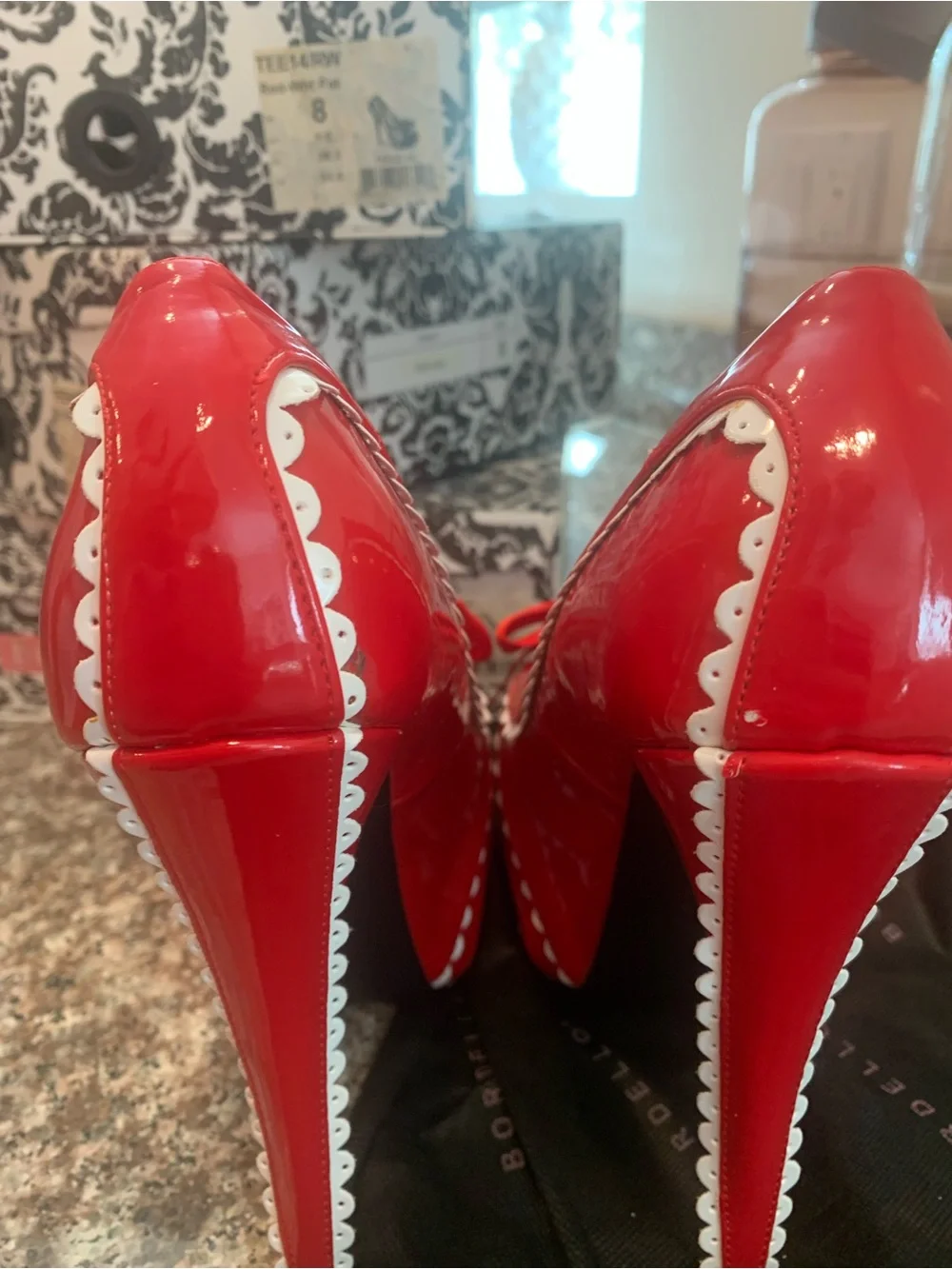 Pleaser Red Patent Platform Pumps with White Scallop Trim and Bow